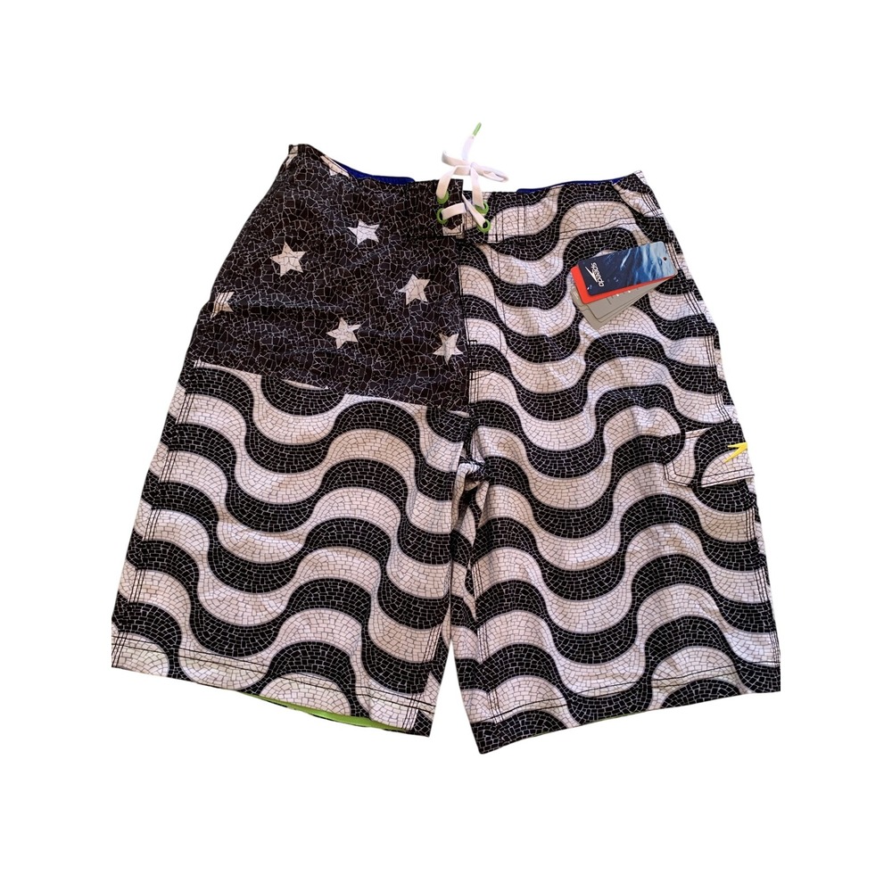Size‎ 32 Speedo Men's Black White New Lined Swim Trunks 4 Way Stretch 10" Inseam